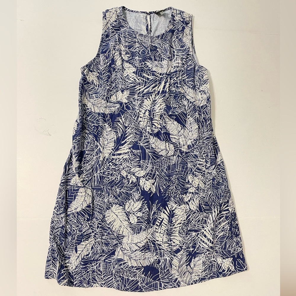 AK Anne Klein Blue White Linen Blend Size Small Shift Dress Summer Leaf Print